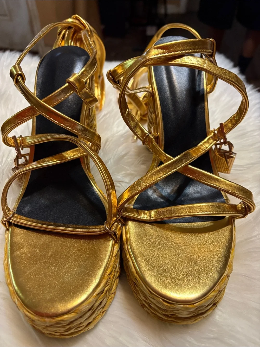 Metallic Gold Strappy Platform Wedge Sandals for Women